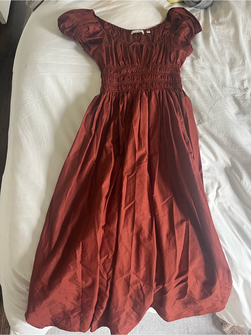 Doen Rust Red Puff-Sleeve Smocked Maxi Dress